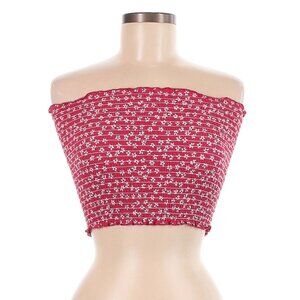 John Galt Red Smocked Bandeau Tube Crop Top White Floral Print One Size